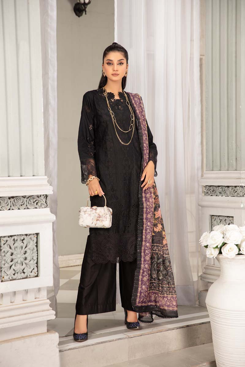 Kohaar Chikan Kari Luxe 3 Piece Cotton Spring Outfit Black - Desi Posh