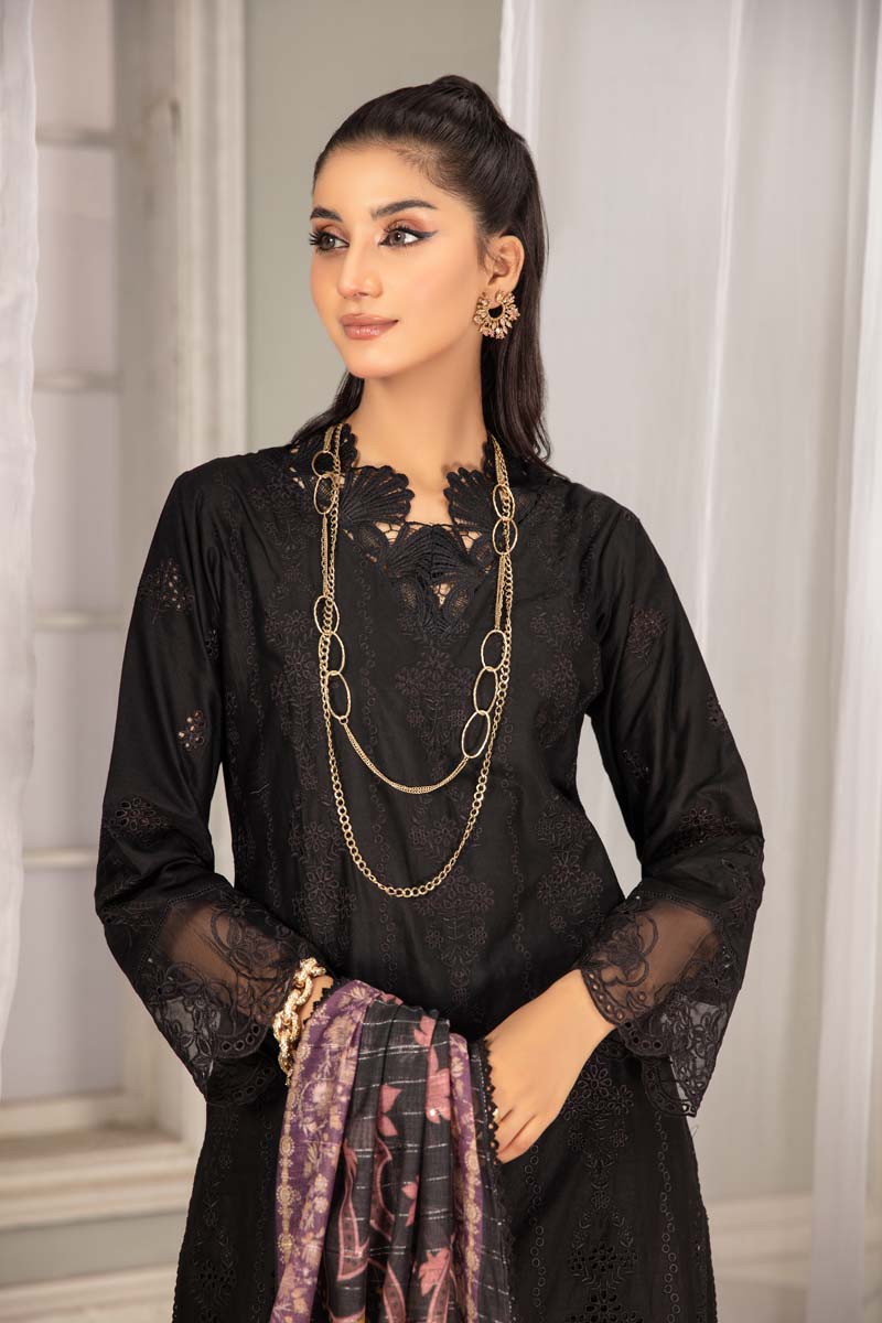 Kohaar Chikan Kari Luxe 3 Piece Cotton Spring Outfit Black - Desi Posh