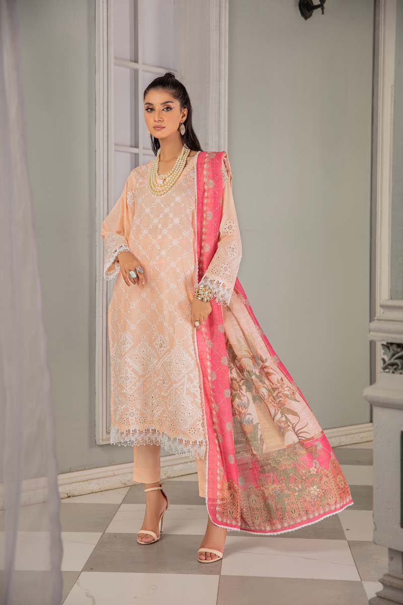 Kohaar Chikan Kari Luxe 3 Piece Cotton Spring Outfit Peach - Desi Posh