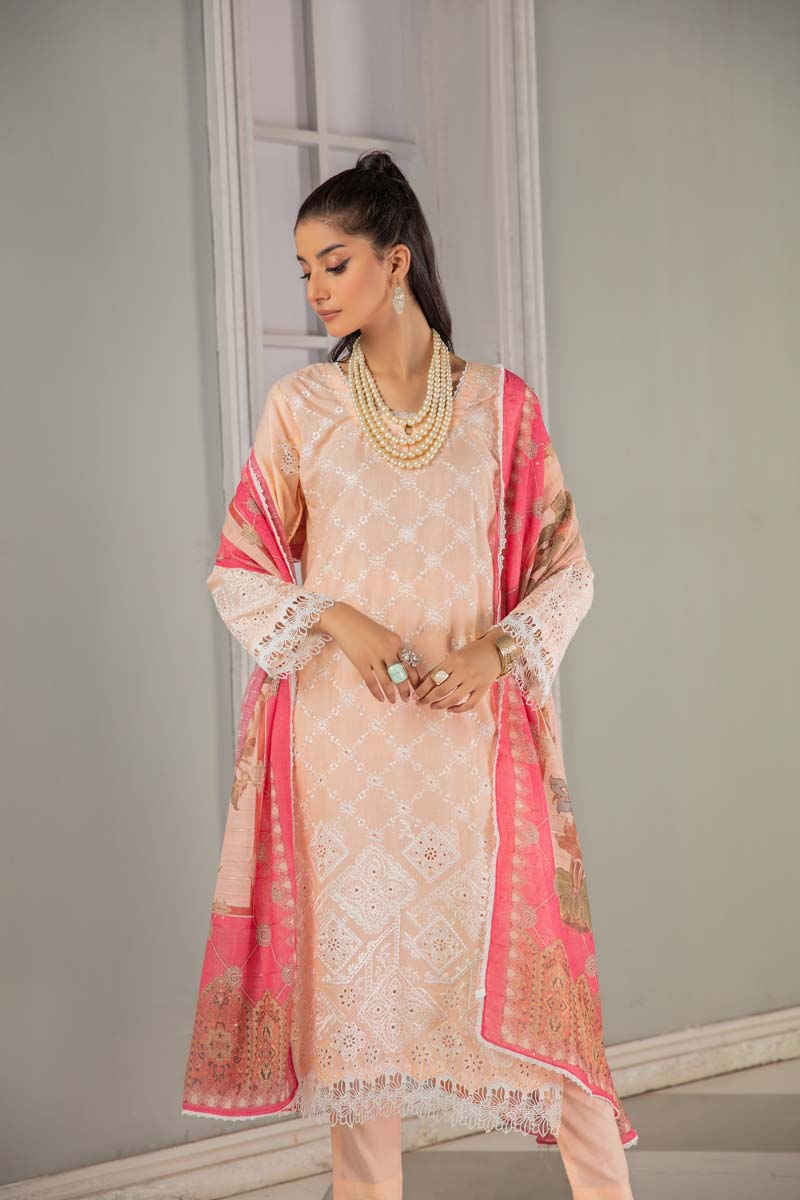 Kohaar Chikan Kari Luxe 3 Piece Cotton Spring Outfit Peach - Desi Posh