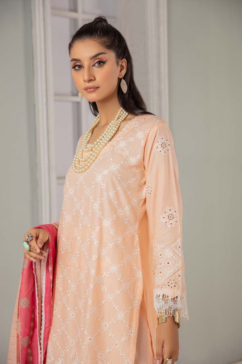Kohaar Chikan Kari Luxe 3 Piece Cotton Spring Outfit Peach - Desi Posh