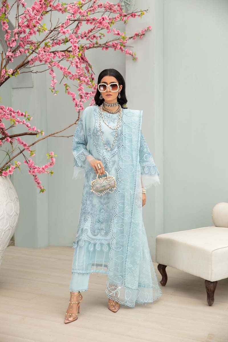 Maria B Inspired Embroidered Ice Blue 3 Piece Wedding Outfit With Net Dupatta - Desi Posh