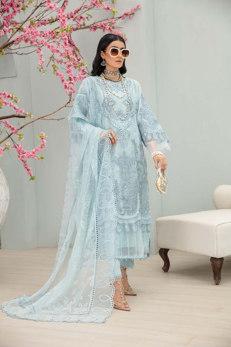 Maria B Inspired Embroidered Ice Blue 3 Piece Wedding Outfit With Net Dupatta - Desi Posh