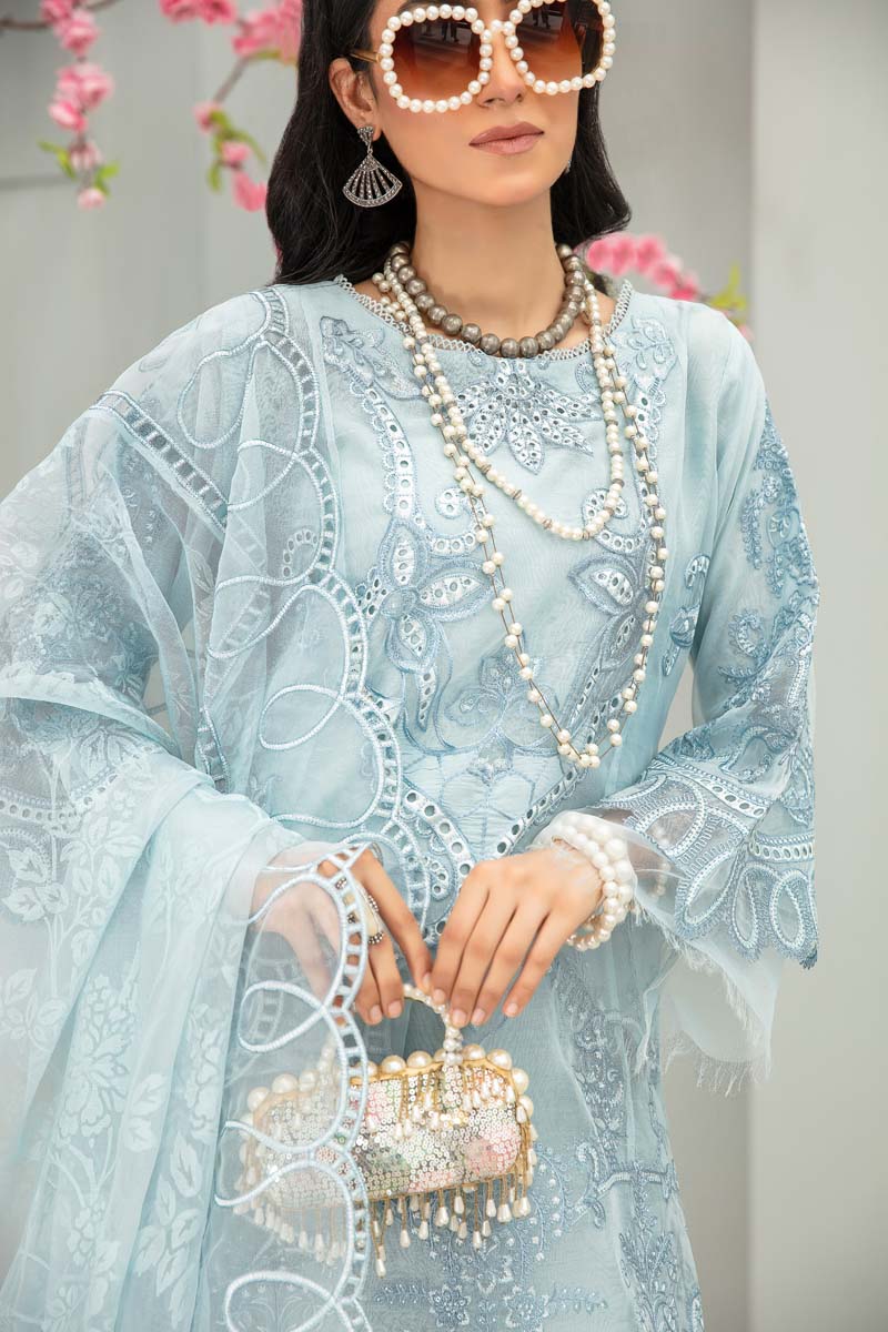 Maria B Inspired Embroidered Ice Blue 3 Piece Wedding Outfit With Net Dupatta - Desi Posh