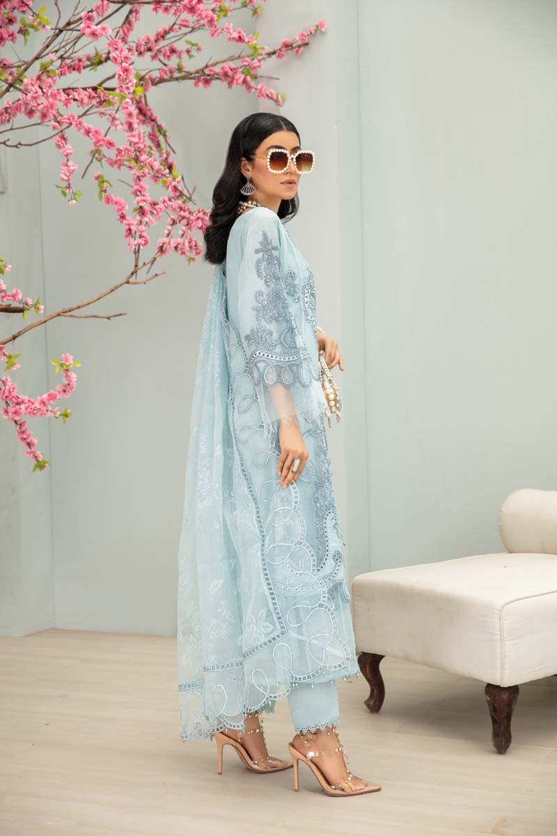 Maria B Inspired Embroidered Ice Blue 3 Piece Wedding Outfit With Net Dupatta - Desi Posh