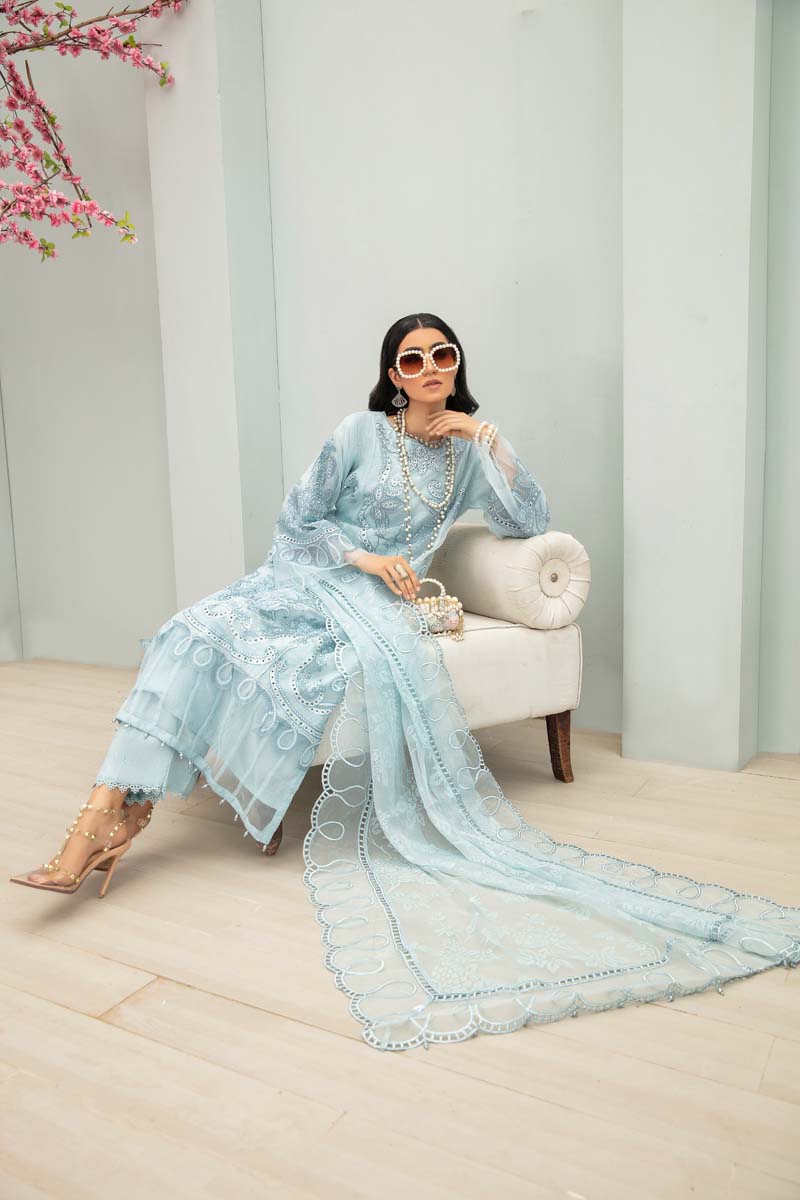 Maria B Inspired Embroidered Ice Blue 3 Piece Wedding Outfit With Net Dupatta - Desi Posh