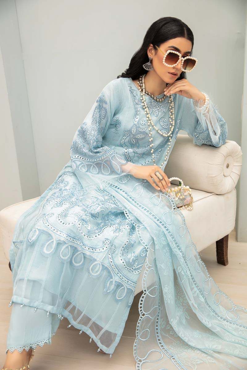 Maria B Inspired Embroidered Ice Blue 3 Piece Wedding Outfit With Net Dupatta - Desi Posh
