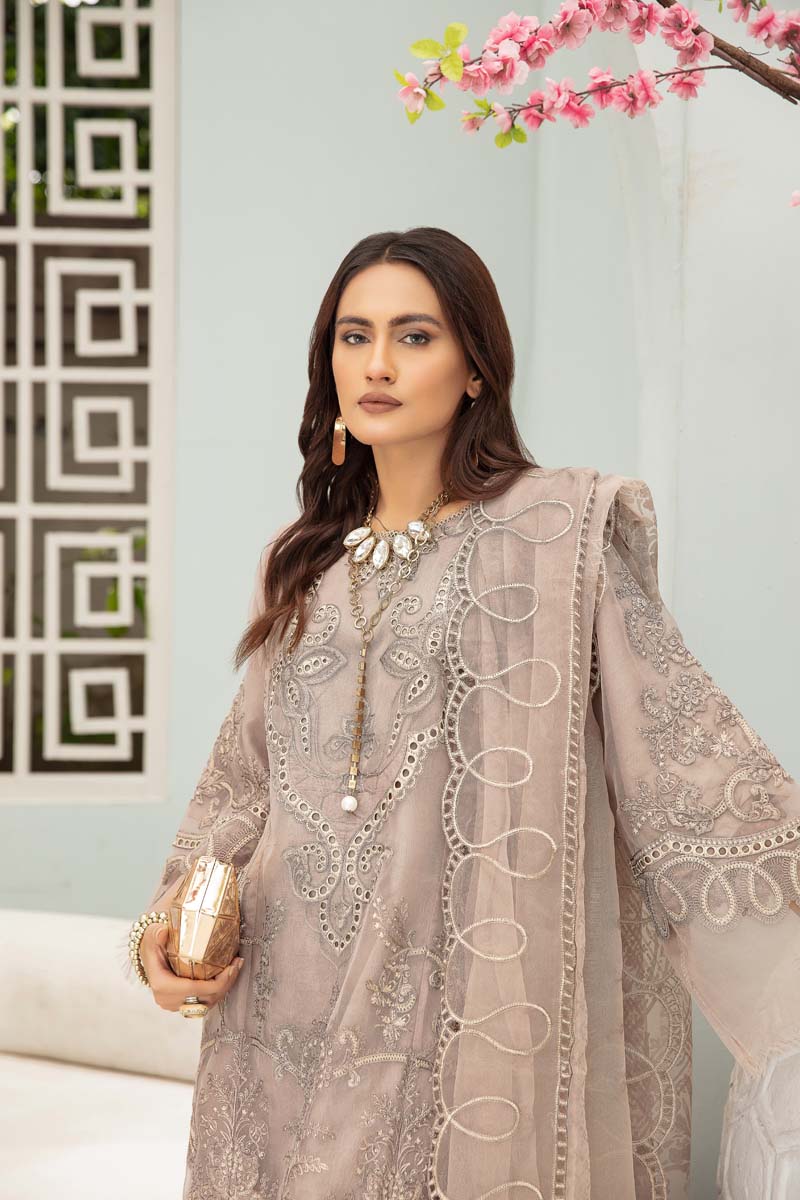 Maria B Inspired Embroidered Beige 3 Piece Wedding Outfit With Net Dupatta - Desi Posh