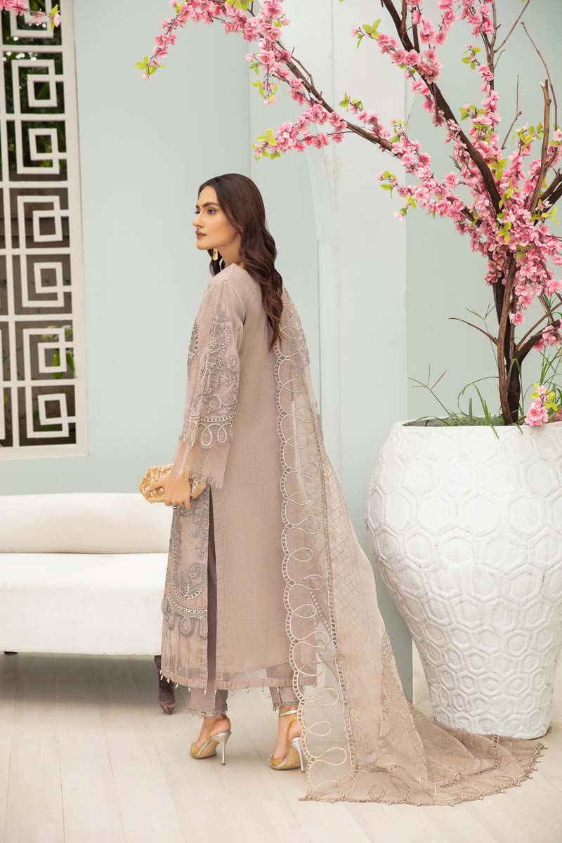 Maria B Inspired Embroidered Beige 3 Piece Wedding Outfit With Net Dupatta - Desi Posh