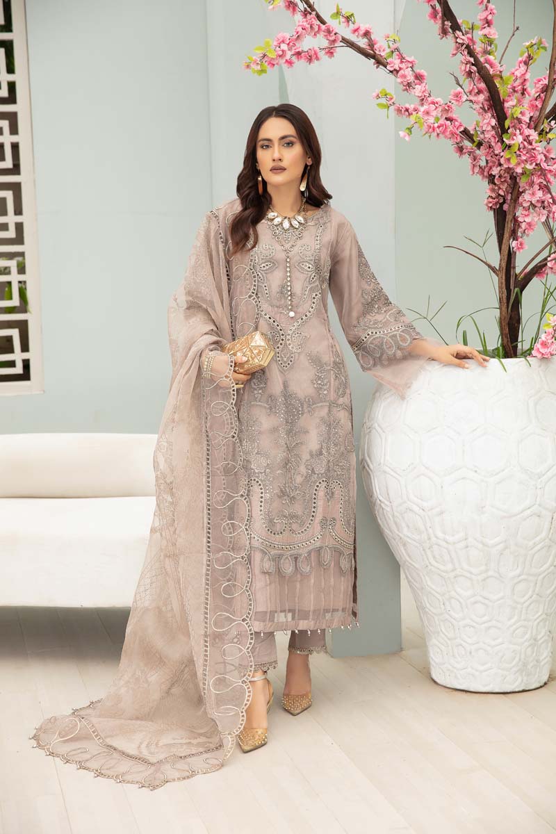 Maria B Inspired Embroidered Beige 3 Piece Wedding Outfit With Net Dupatta - Desi Posh