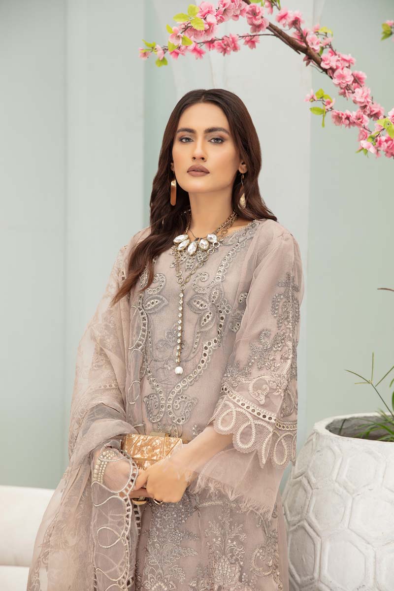 Maria B Inspired Embroidered Beige 3 Piece Wedding Outfit With Net Dupatta - Desi Posh