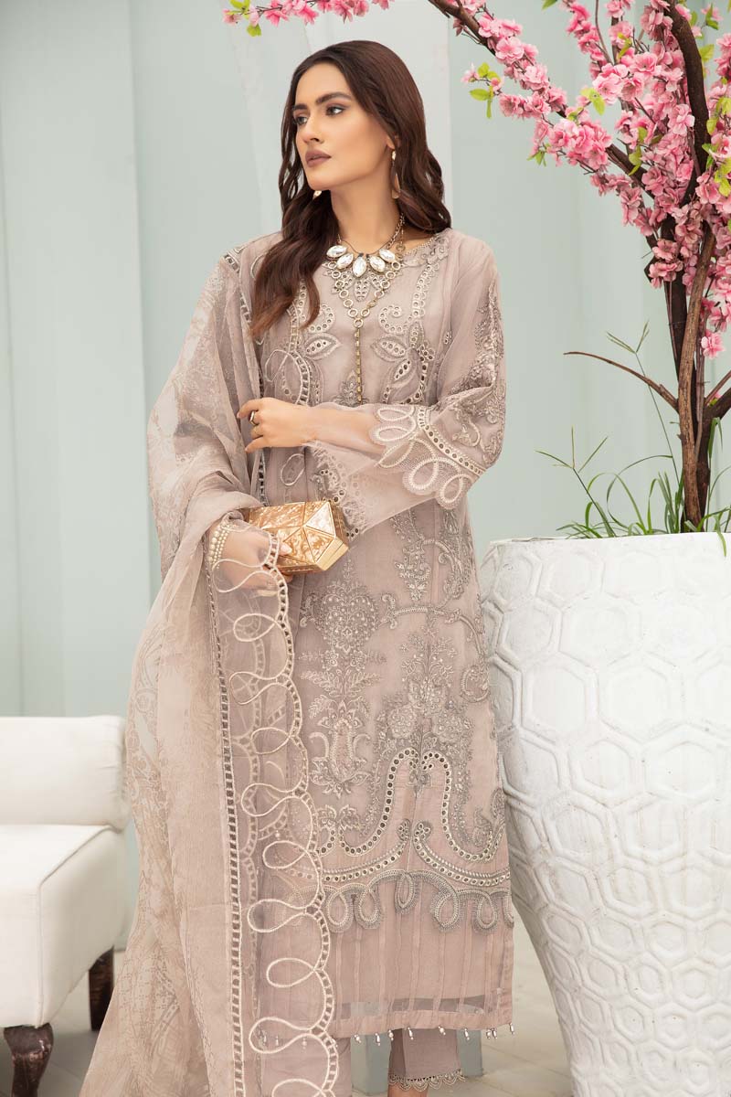 Maria B Inspired Embroidered Beige 3 Piece Wedding Outfit With Net Dupatta - Desi Posh