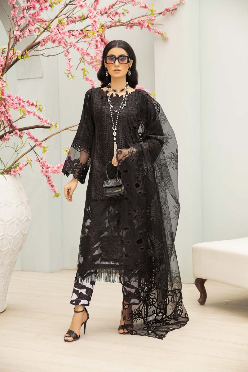 Maria B Inspired Embroidered Black 3 Piece Outfit With Net Dupatta - Desi Posh