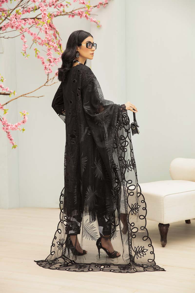 Maria B Inspired Embroidered Black 3 Piece Outfit With Net Dupatta - Desi Posh