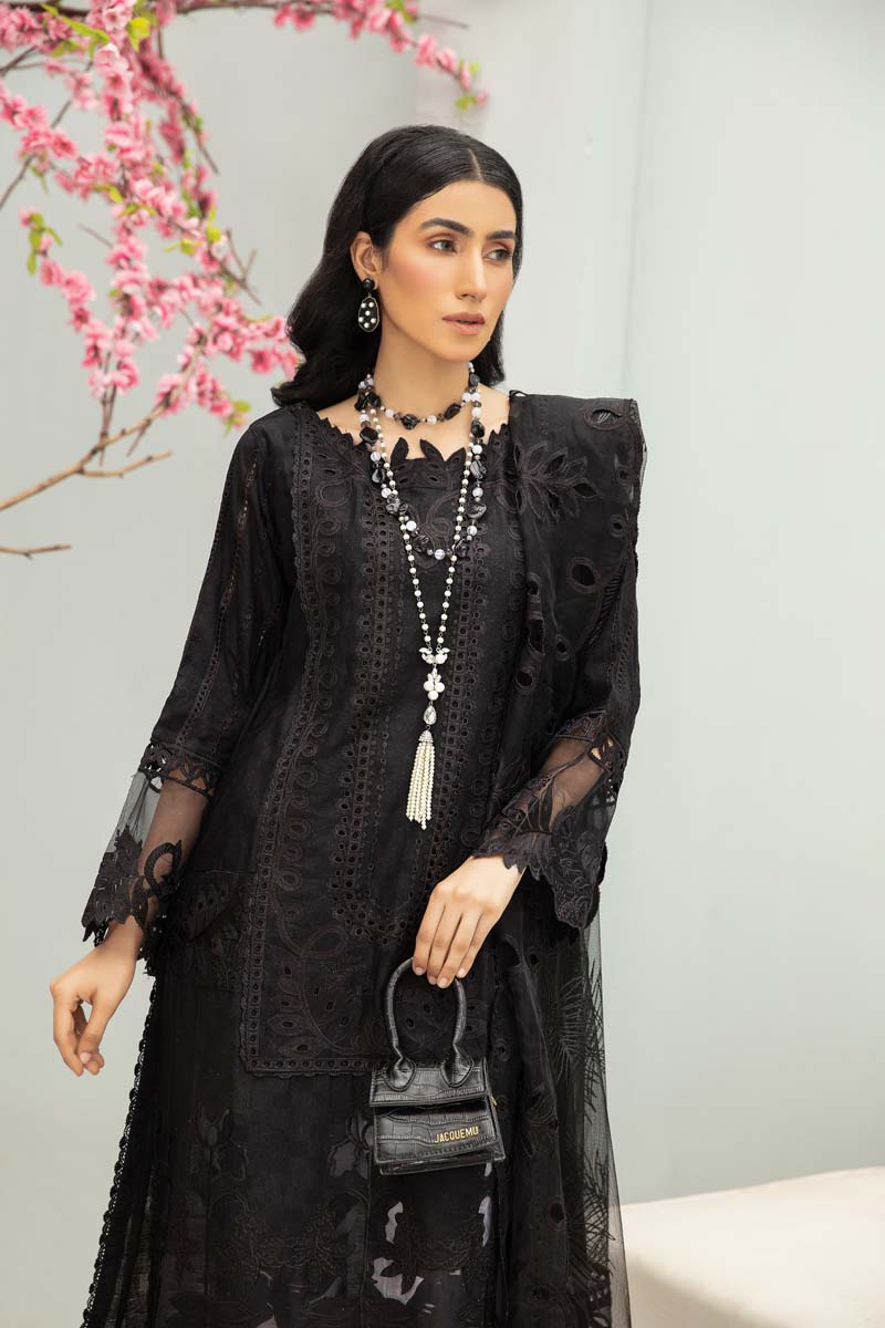 Maria B Inspired Embroidered Black 3 Piece Outfit With Net Dupatta - Desi Posh