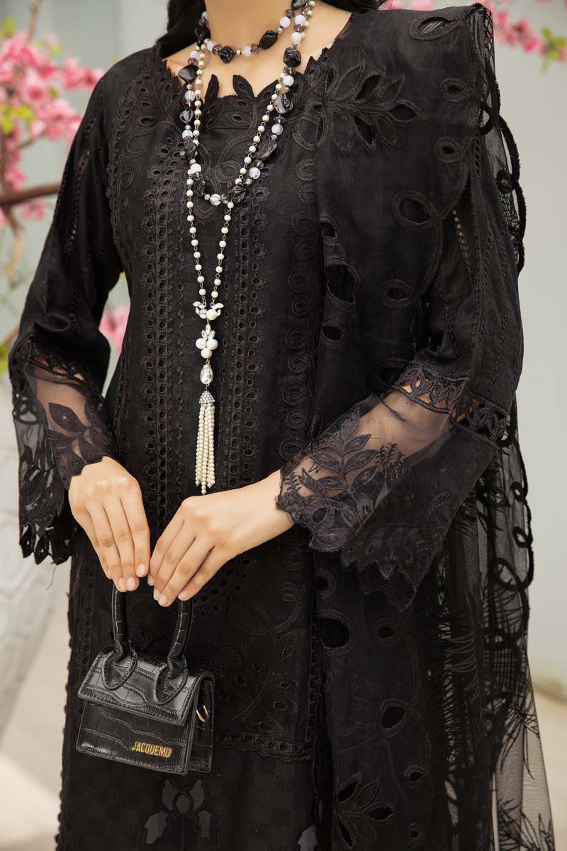 Maria B Inspired Embroidered Black 3 Piece Outfit With Net Dupatta - Desi Posh