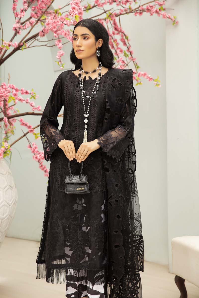 Maria B Inspired Embroidered Black 3 Piece Outfit With Net Dupatta - Desi Posh