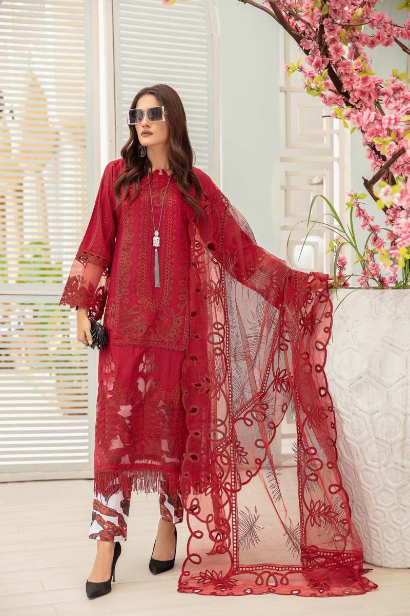 Maria B Inspired Embroidered Red 3 Piece Outfit With Net Dupatta - Desi Posh