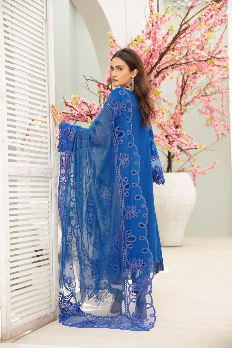 Maria B Inspired Embroidered Blue 3 Piece Outfit With Net Dupatta - Desi Posh