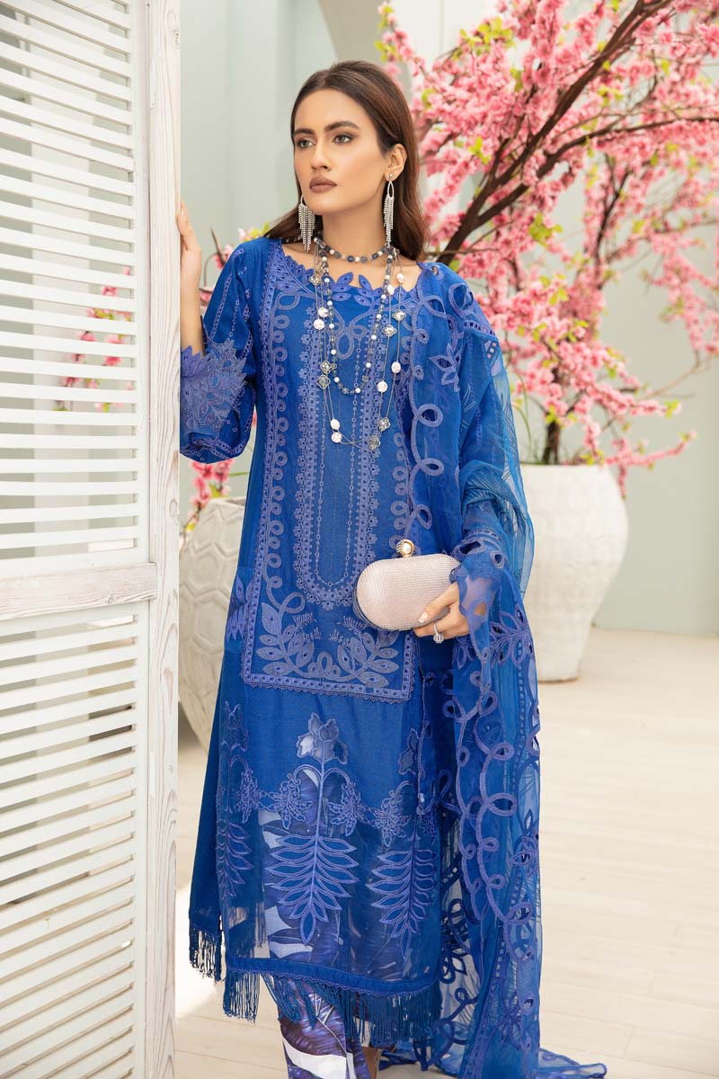 Maria B Inspired Embroidered Blue 3 Piece Outfit With Net Dupatta - Desi Posh