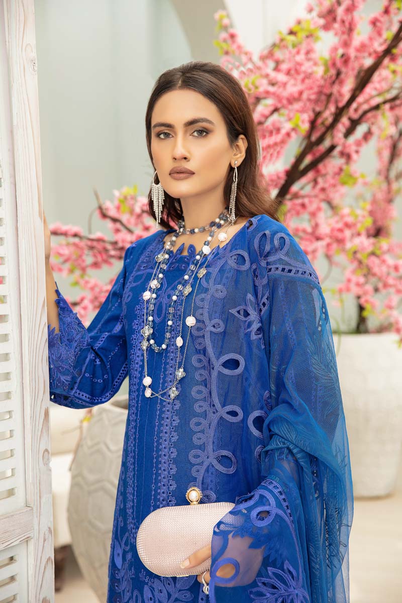 Maria B Inspired Embroidered Blue 3 Piece Outfit With Net Dupatta - Desi Posh