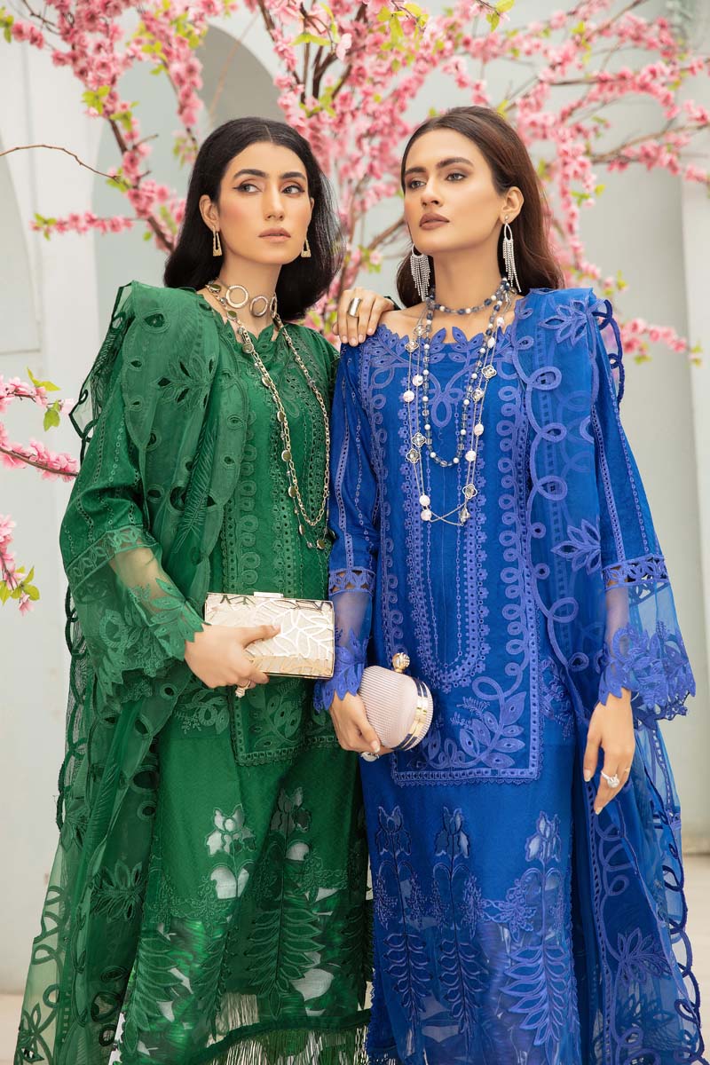 Maria B Inspired Embroidered Blue 3 Piece Outfit With Net Dupatta - Desi Posh