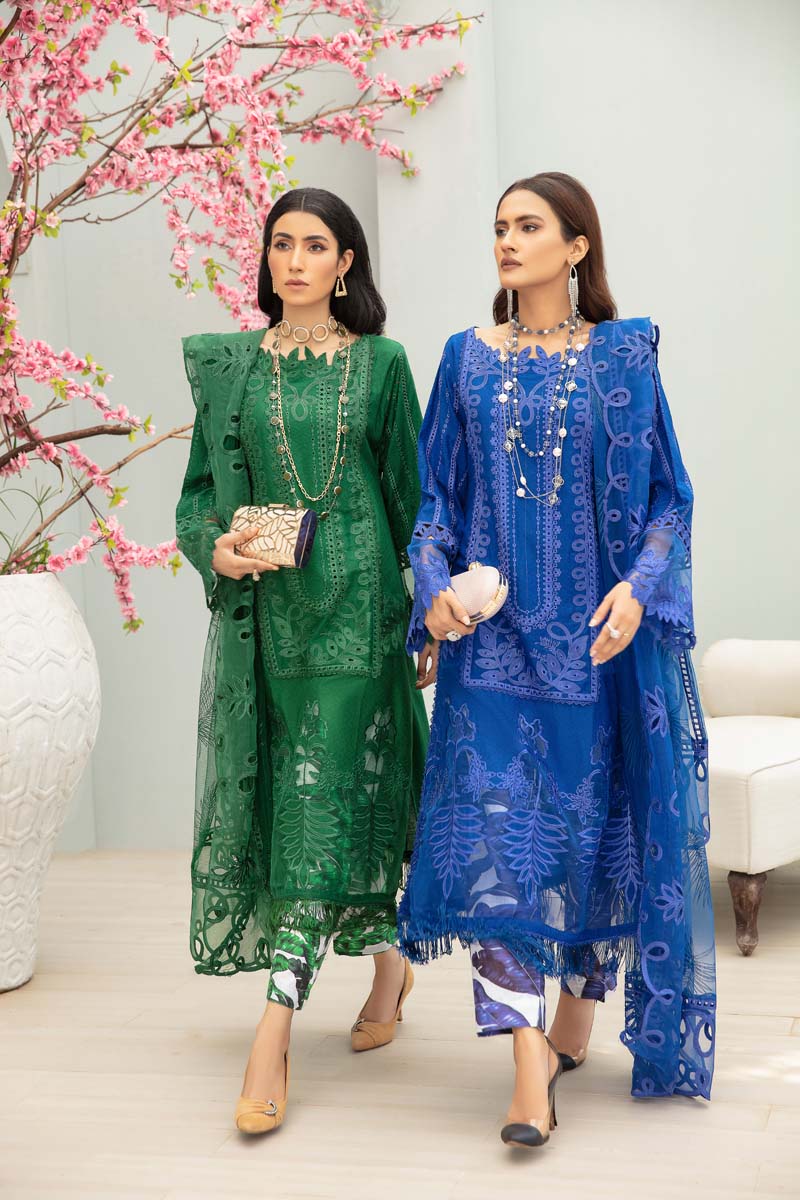 Maria B Inspired Embroidered Blue 3 Piece Outfit With Net Dupatta - Desi Posh