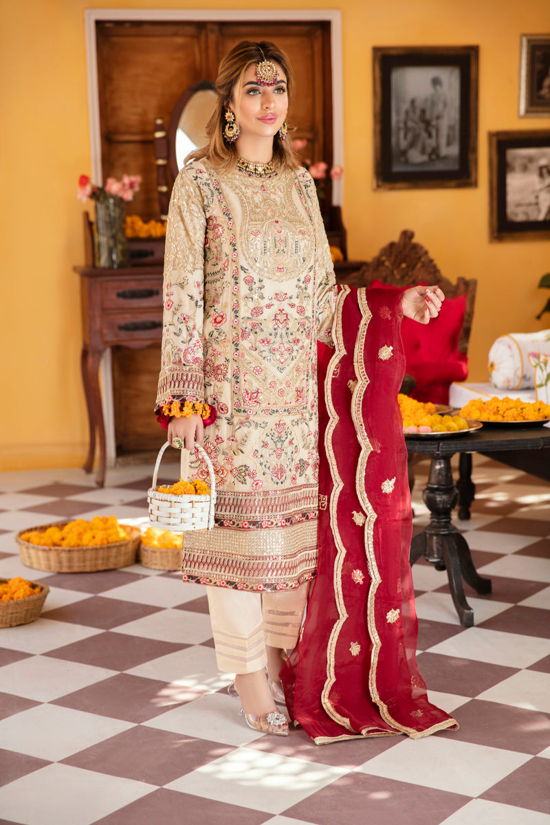 Khusiyan Wedding Edition Ladies Beige Designer 3 Piece Suit - Desi Posh