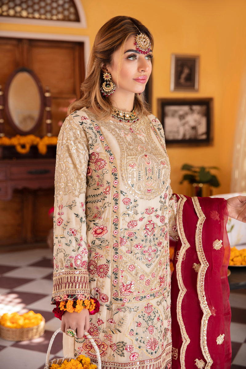 Khusiyan Wedding Edition Ladies Beige Designer 3 Piece Suit - Desi Posh