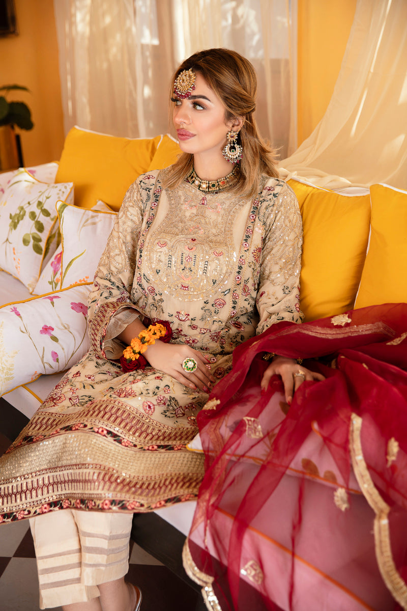 Khusiyan Wedding Edition Ladies Beige Designer 3 Piece Suit - Desi Posh