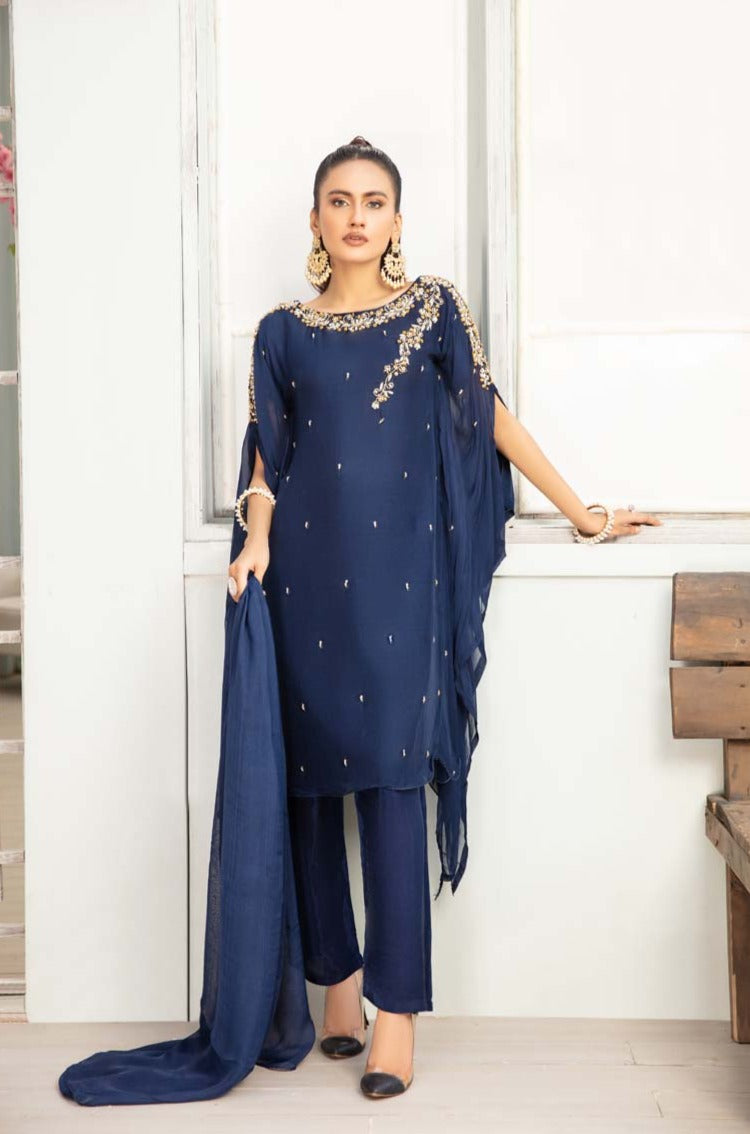 Desi Posh Wedding Chiffon Blue 3 Piece Kaftan Outfit - Desi Posh