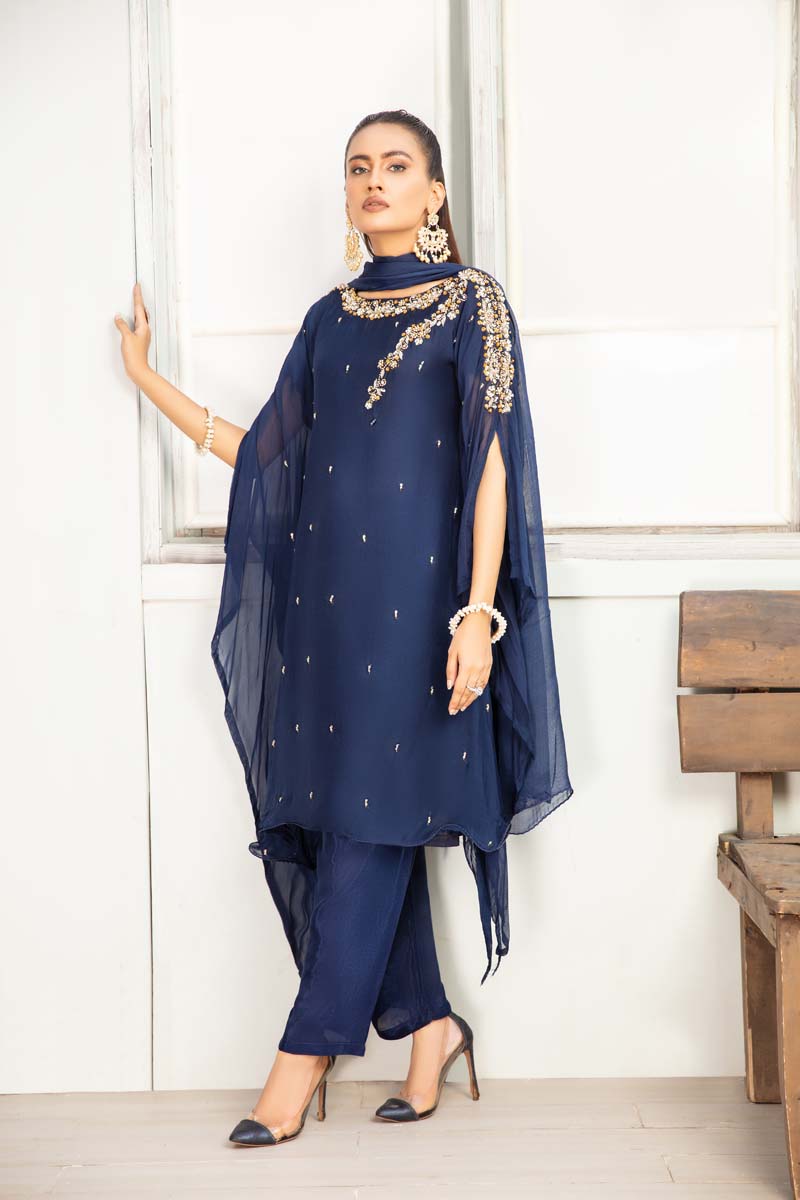 Desi Posh Wedding Chiffon Blue 3 Piece Kaftan Outfit - Desi Posh