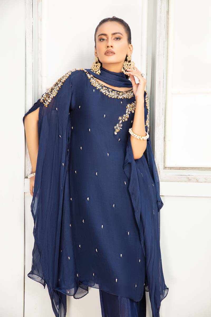 Desi Posh Wedding Chiffon Blue 3 Piece Kaftan Outfit - Desi Posh
