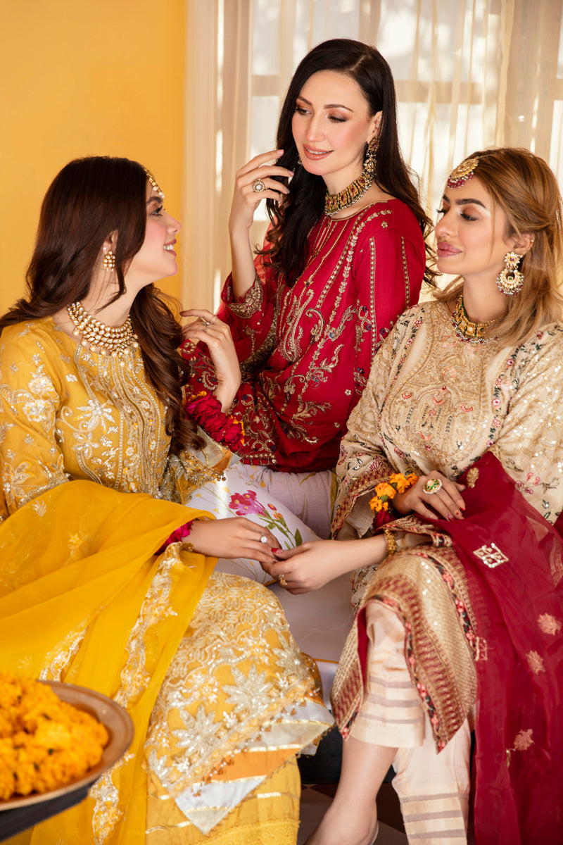 Khusiyan Wedding Edition Ladies Mustard Designer 3 Piece Suit - Desi Posh