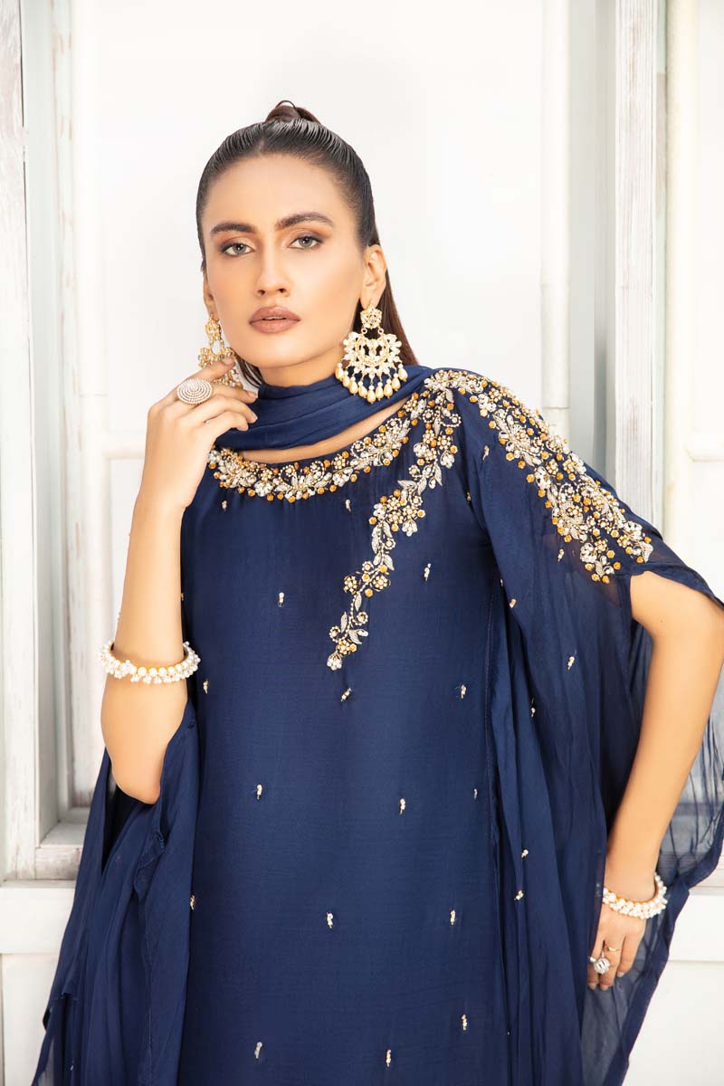 Desi Posh Wedding Chiffon Blue 3 Piece Kaftan Outfit - Desi Posh