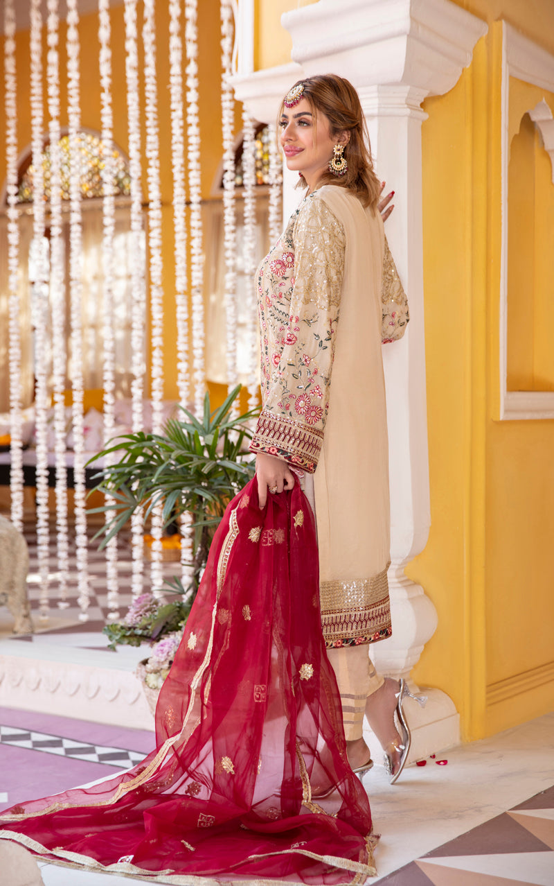 Khusiyan Wedding Edition Ladies Beige Designer 3 Piece Suit - Desi Posh