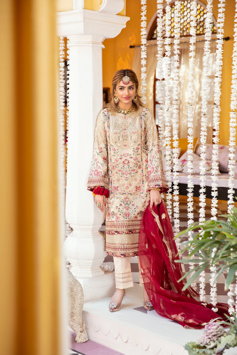 Khusiyan Wedding Edition Ladies Beige Designer 3 Piece Suit - Desi Posh