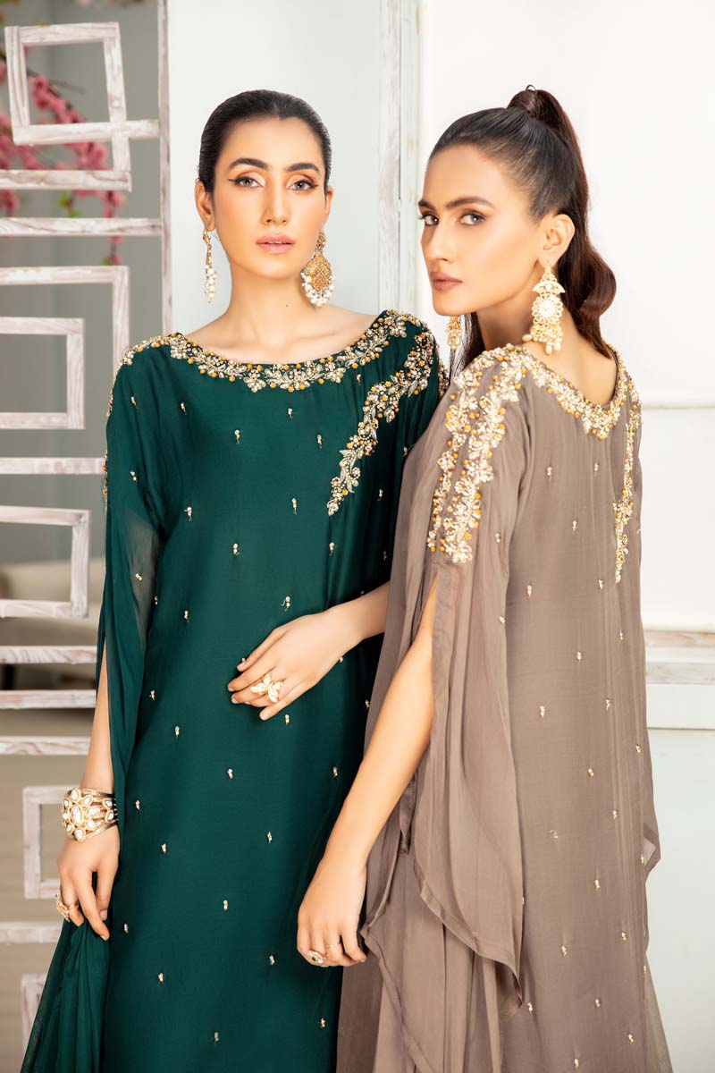 Desi Posh Wedding Chiffon Green 3 Piece Kaftan Outfit - Desi Posh