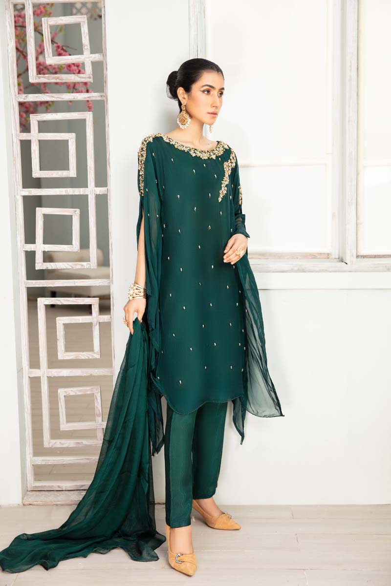 Desi Posh Wedding Chiffon Green 3 Piece Kaftan Outfit - Desi Posh