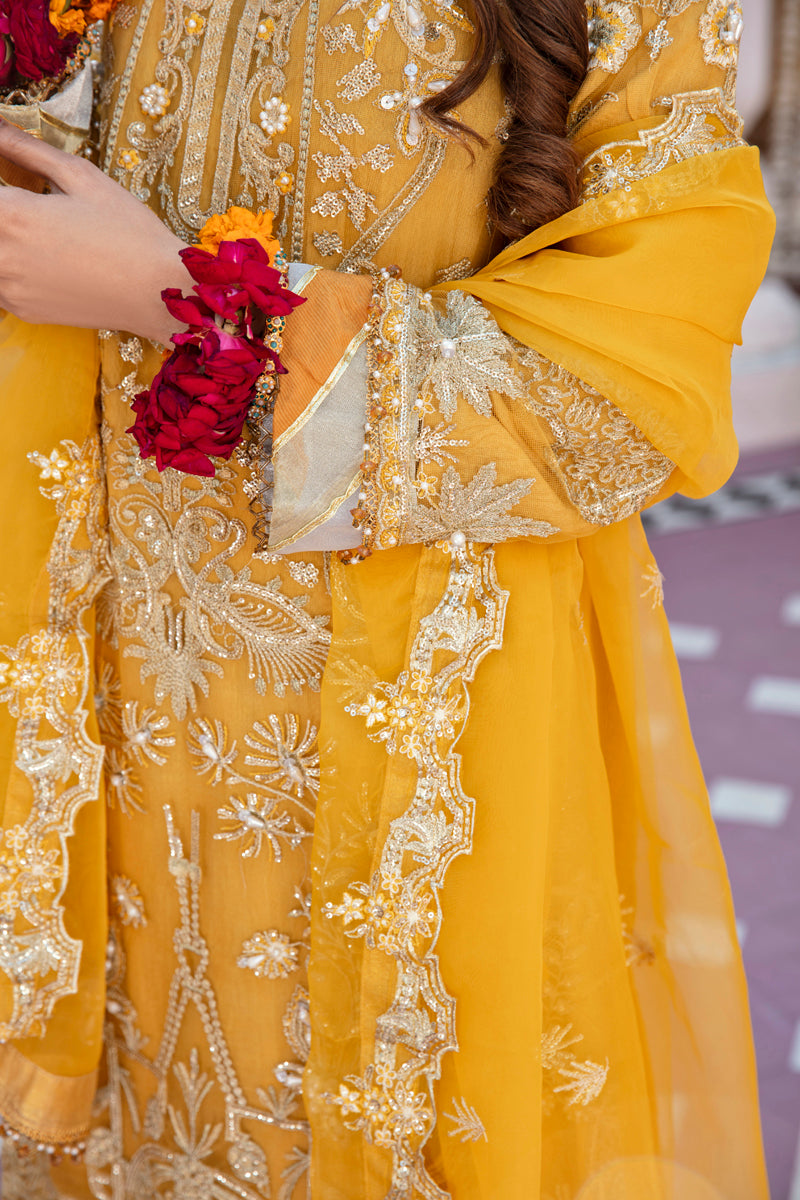 Khusiyan Wedding Edition Ladies Mustard Designer 3 Piece Suit - Desi Posh