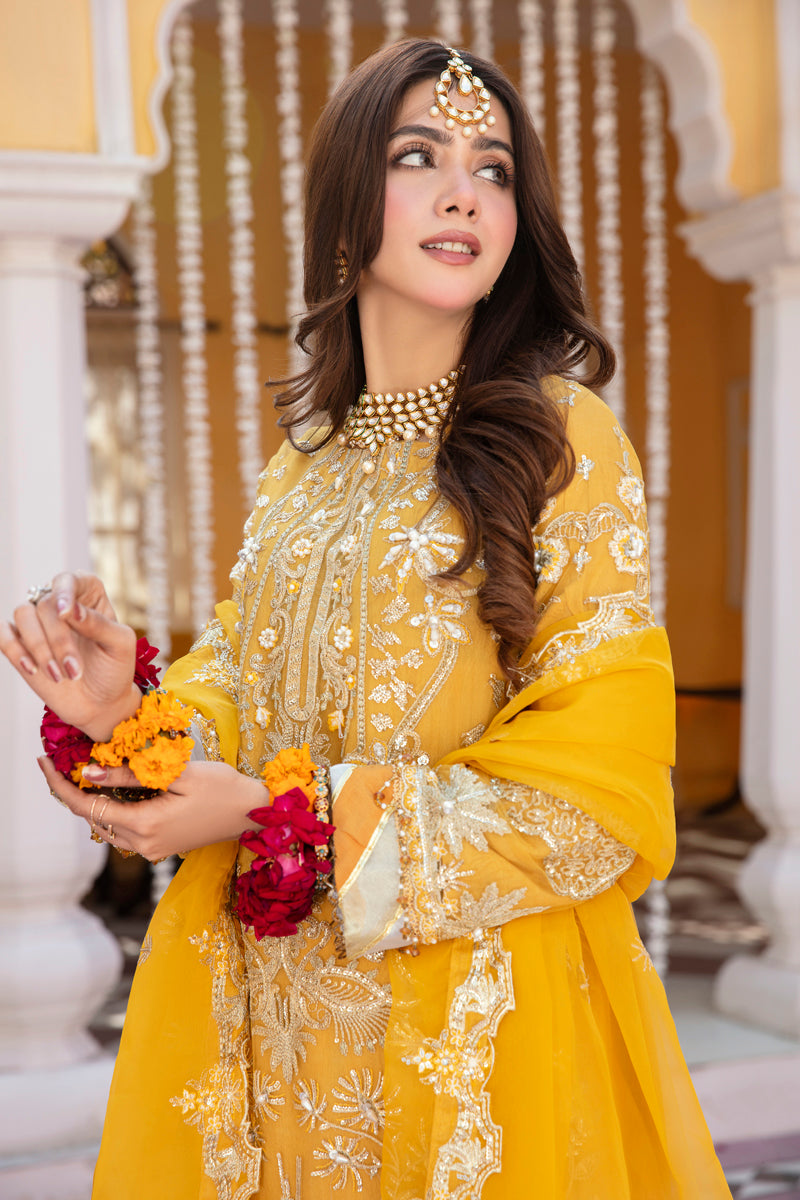 Khusiyan Wedding Edition Ladies Mustard Designer 3 Piece Suit - Desi Posh