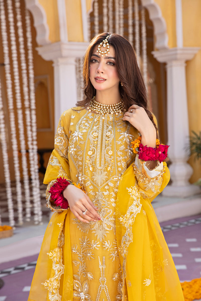 Khusiyan Wedding Edition Ladies Mustard Designer 3 Piece Suit - Desi Posh