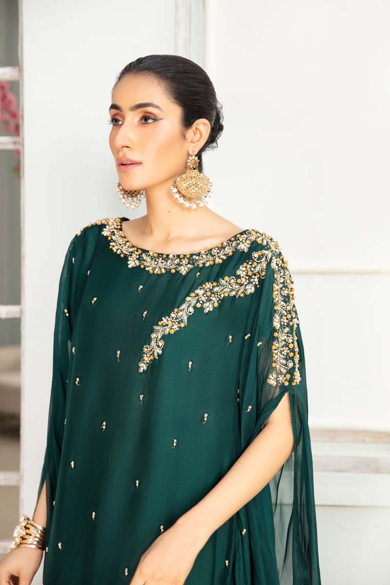Desi Posh Wedding Chiffon Green 3 Piece Kaftan Outfit - Desi Posh