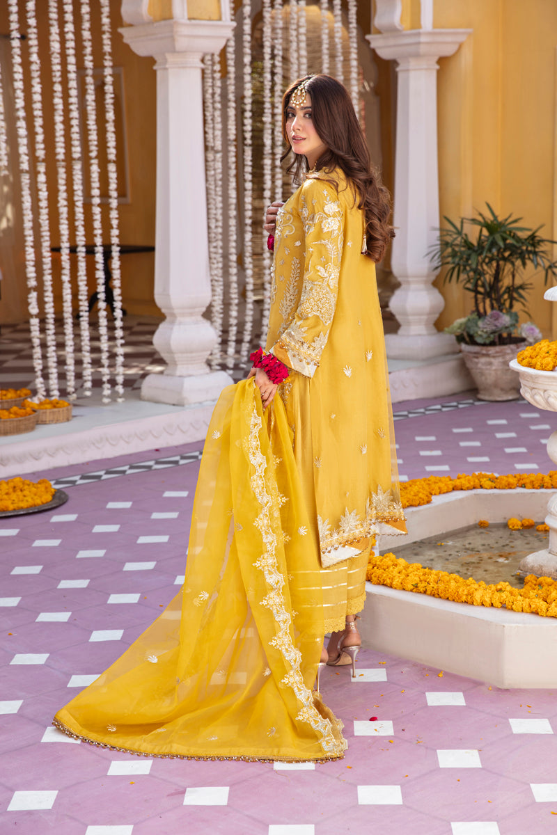 Khusiyan Wedding Edition Ladies Mustard Designer 3 Piece Suit - Desi Posh