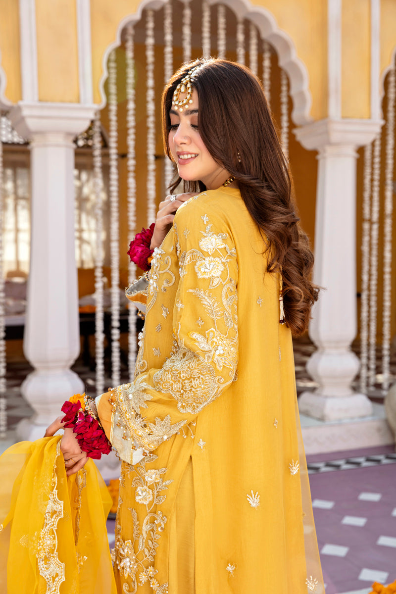 Khusiyan Wedding Edition Ladies Mustard Designer 3 Piece Suit - Desi Posh