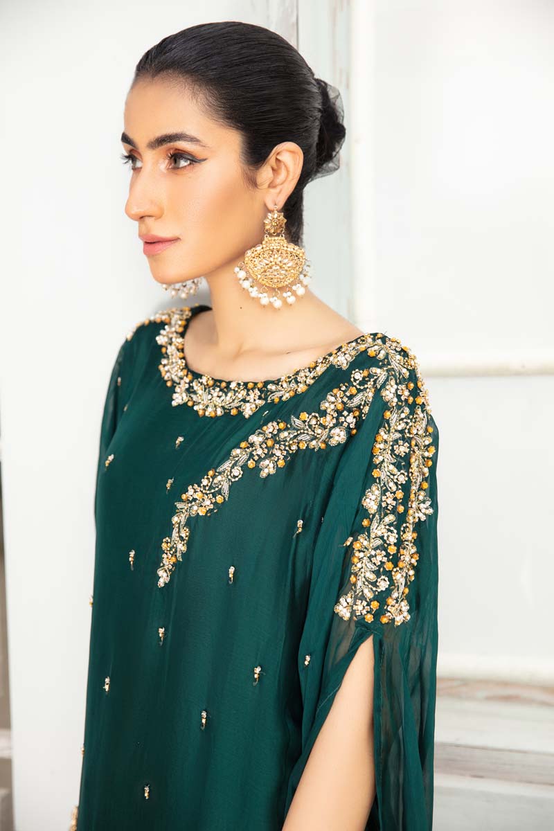 Desi Posh Wedding Chiffon Green 3 Piece Kaftan Outfit - Desi Posh