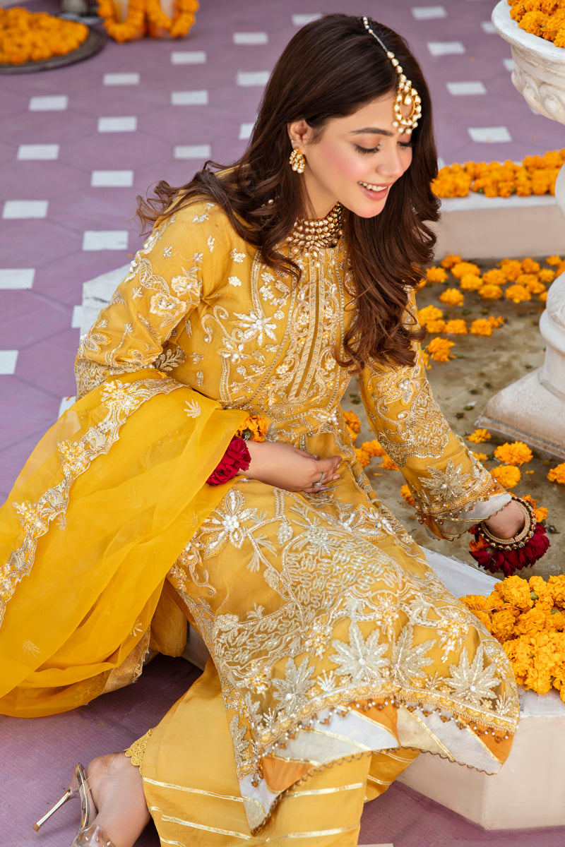 Khusiyan Wedding Edition Ladies Mustard Designer 3 Piece Suit - Desi Posh