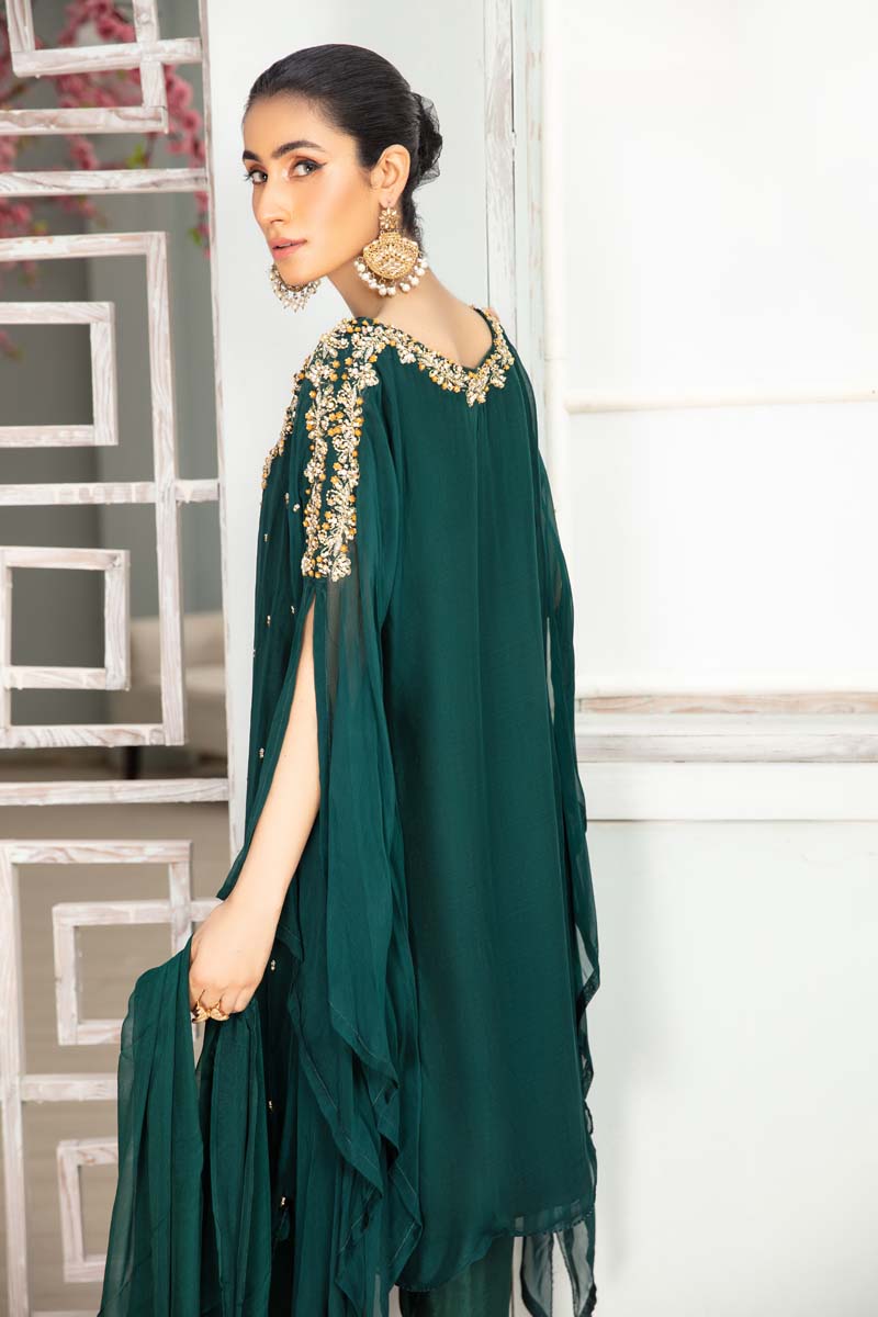 Desi Posh Wedding Chiffon Green 3 Piece Kaftan Outfit - Desi Posh