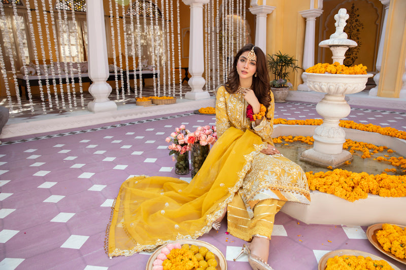 Khusiyan Wedding Edition Ladies Mustard Designer 3 Piece Suit - Desi Posh