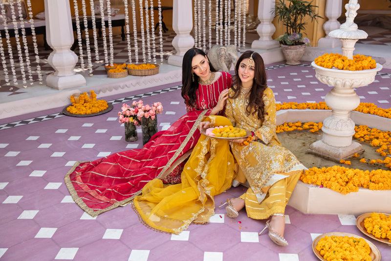 Khusiyan Wedding Edition Ladies Mustard Designer 3 Piece Suit - Desi Posh